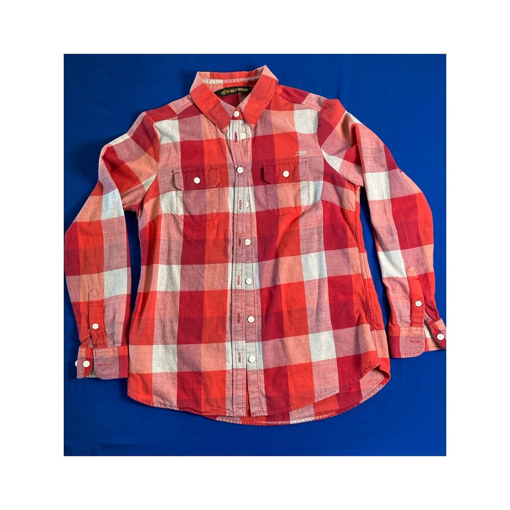Harley Davidson Flannel Checkered Shirt Women's Size Medium Stitched Logo Design